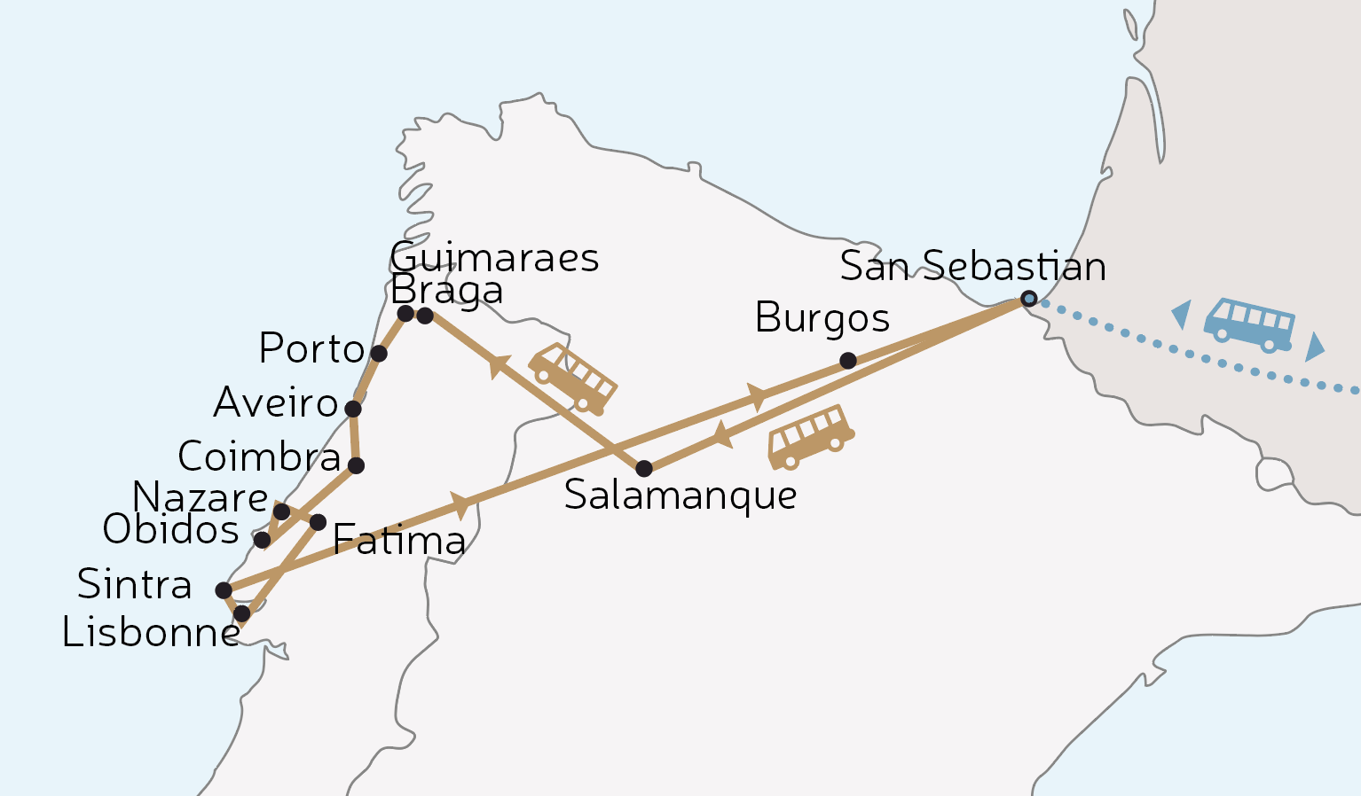 carte circuit autocar au Portugal